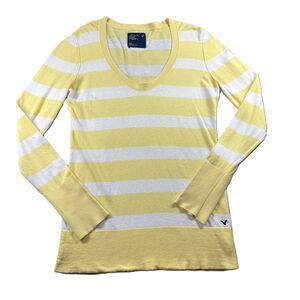 American Eagle Women Y2K Striped Deep V-Neck Sweater Yellow White Large Q125